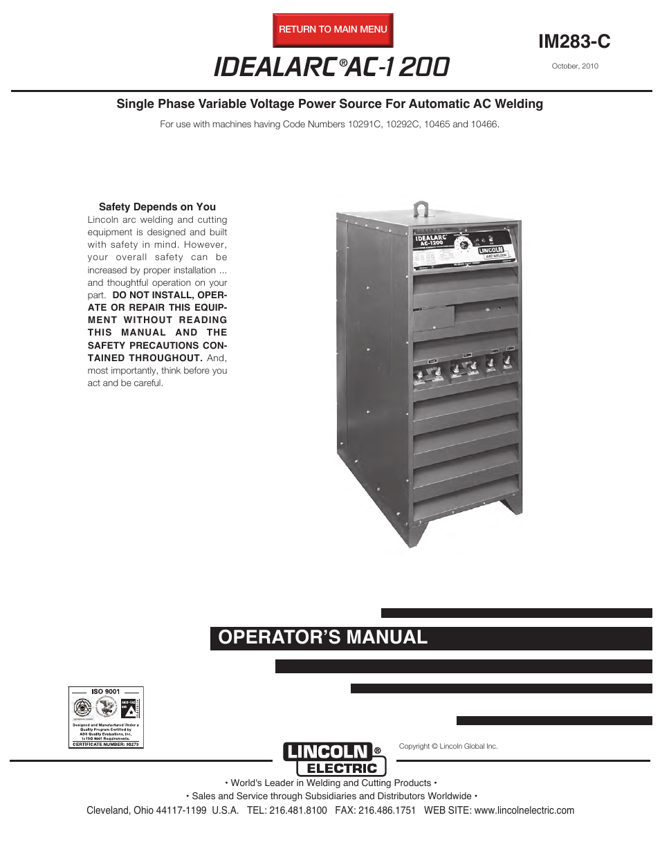 Lincoln Electric IDEALARC AC-1200 User Manual | 27 pages