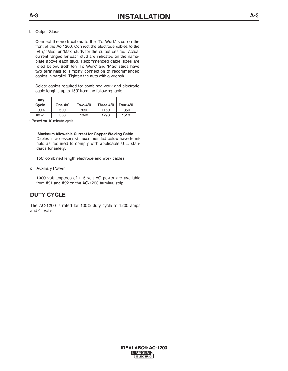 Installation, Duty cycle | Lincoln Electric IDEALARC AC-1200 User Manual | Page 10 / 27