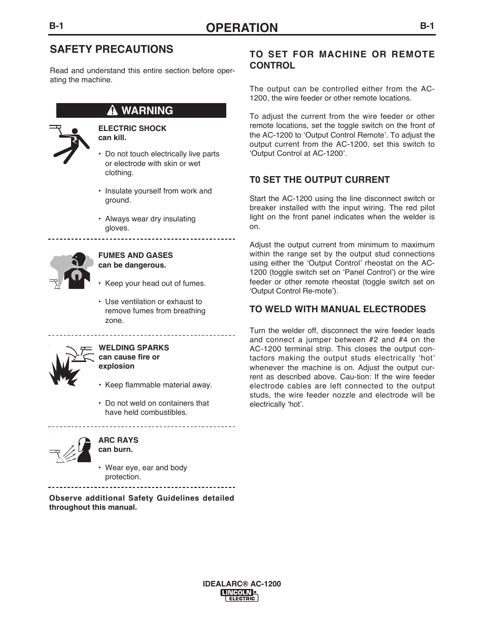 Operation, Safety precautions, Warning | Lincoln Electric IDEALARC AC-1200 User Manual | Page 11 / 27