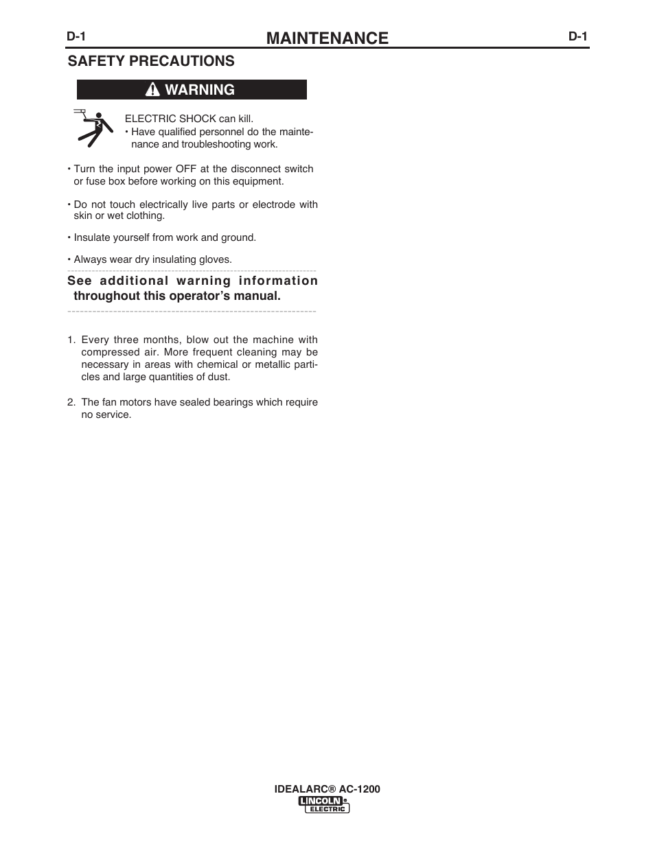 Maintenance, Safety precautions, Warning | Lincoln Electric IDEALARC AC-1200 User Manual | Page 12 / 27
