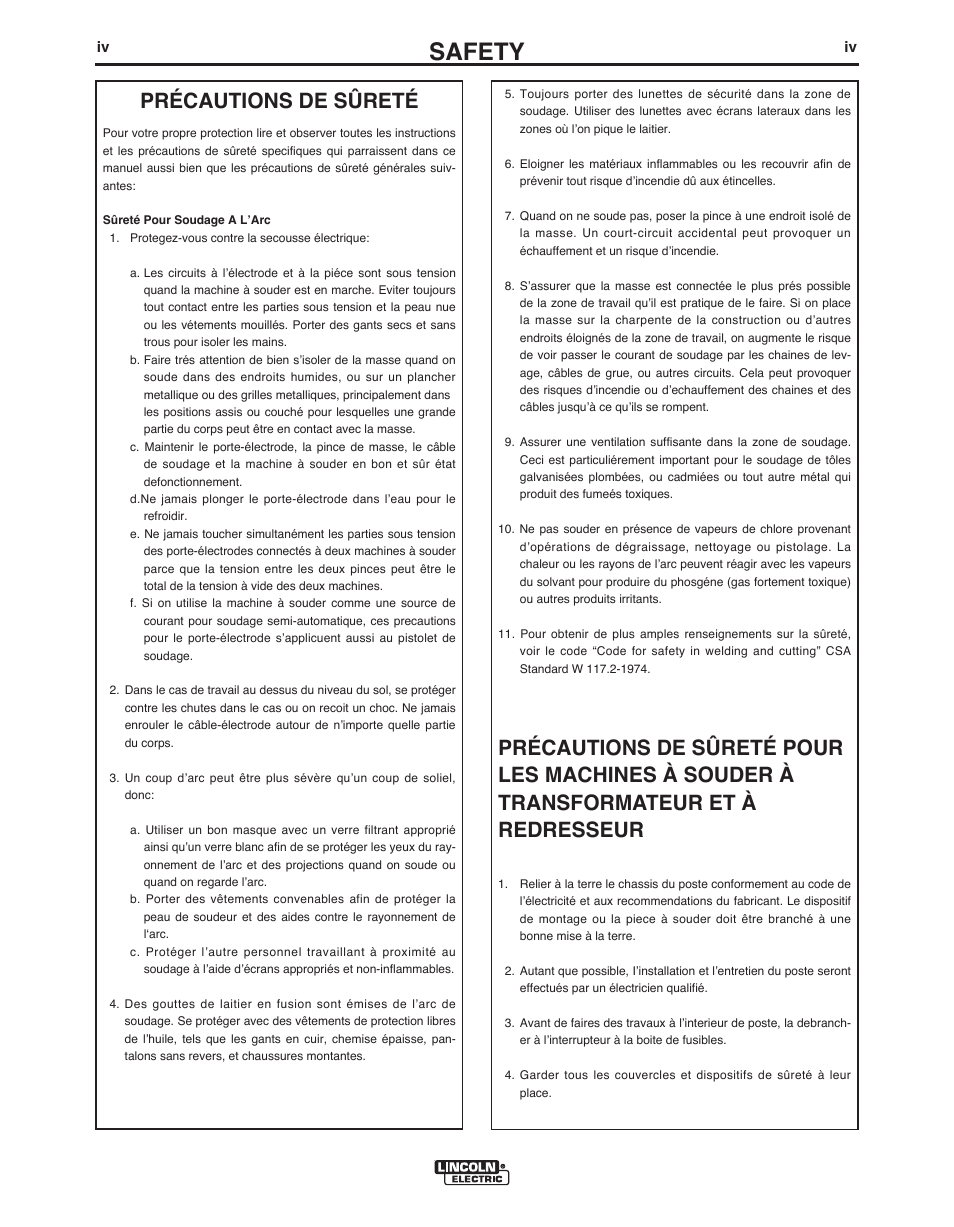 Safety, Précautions de sûreté | Lincoln Electric IDEALARC AC-1200 User Manual | Page 5 / 27