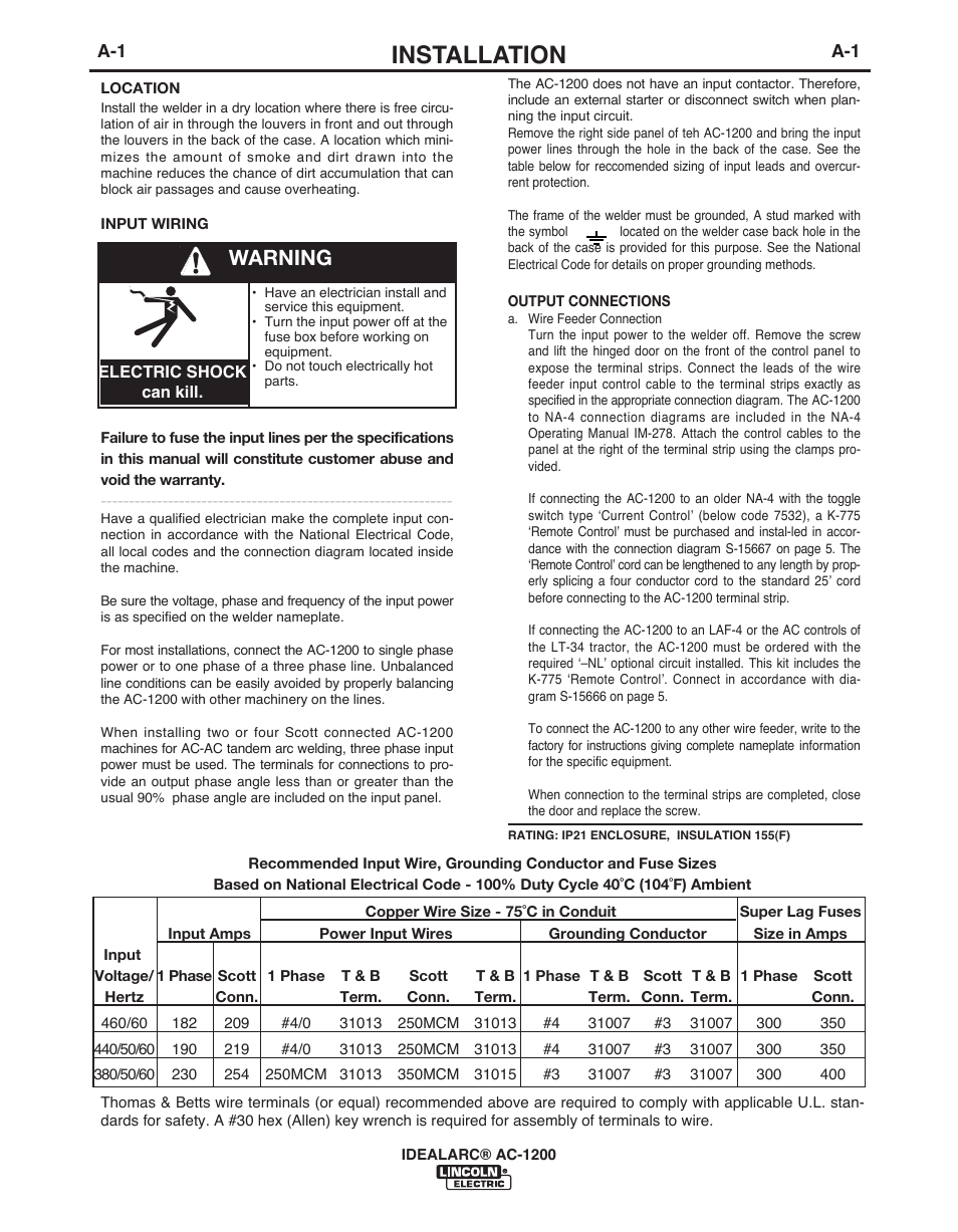 Installation, Warning | Lincoln Electric IDEALARC AC-1200 User Manual | Page 8 / 27