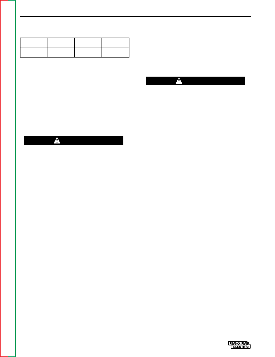 Of the welder. see table a.1 for recommended work, Installation, Warning | Lincoln Electric SQUARE WAVE TIG 255 SVM100-A User Manual | Page 12 / 100