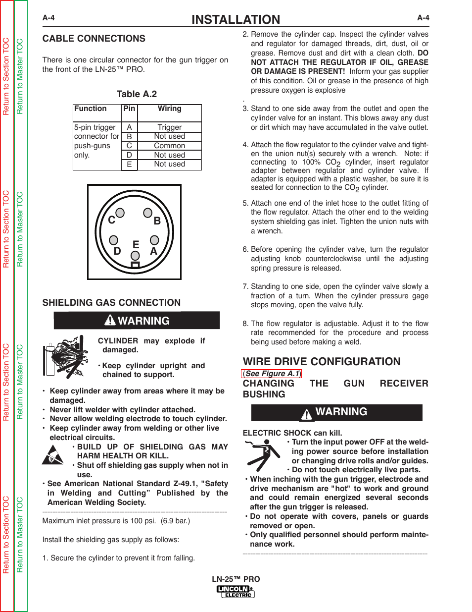 Installation, Wire drive configuration, Ae c b d | Warning | Lincoln Electric LN-25 SVM179-B User Manual | Page 10 / 103