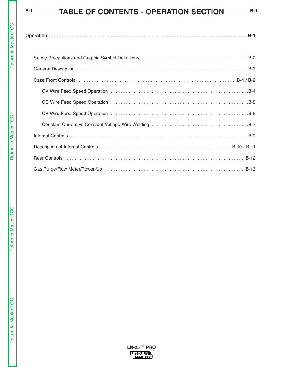 Section b - operation | Lincoln Electric LN-25 SVM179-B User Manual | Page 15 / 103