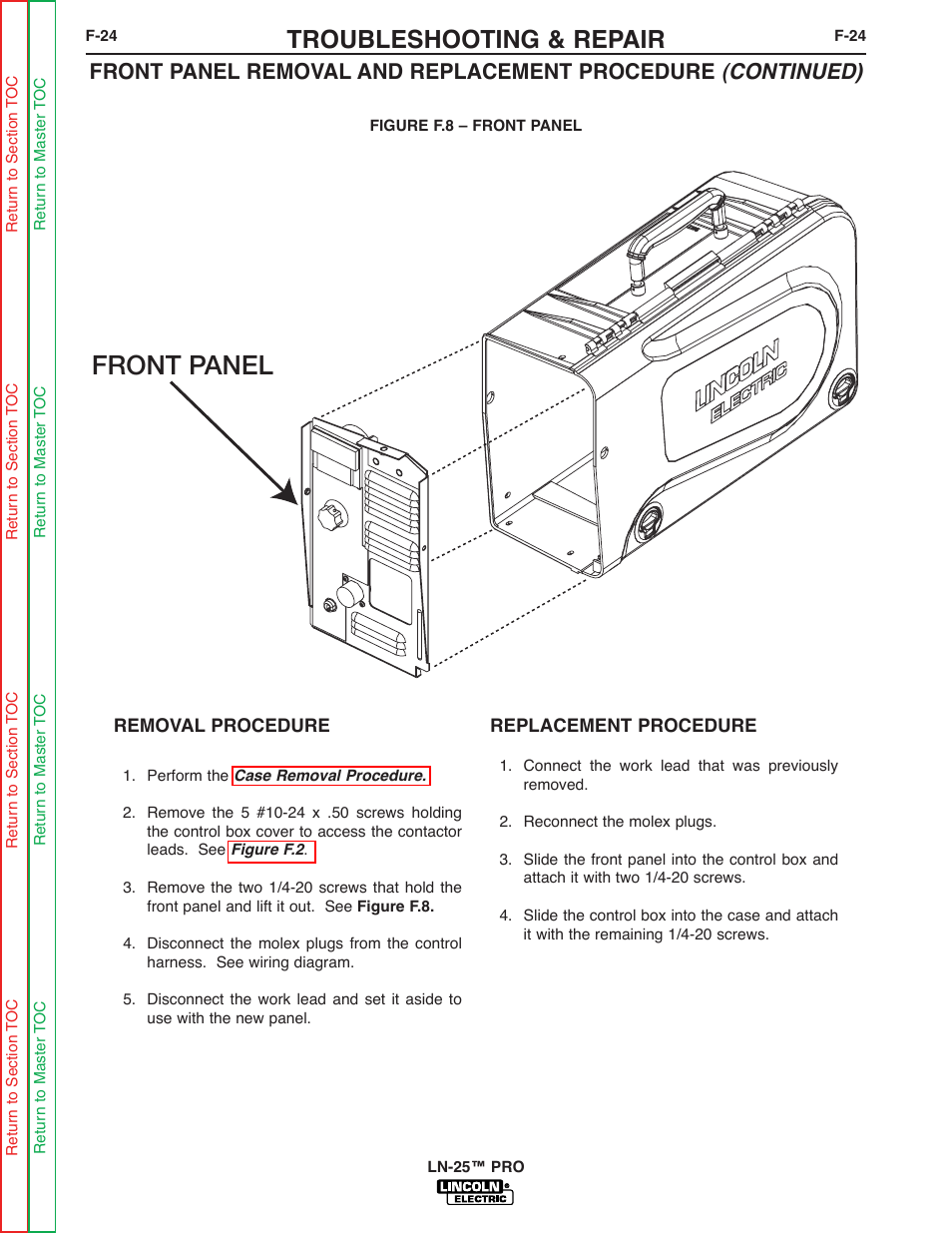 Front panel, Troubleshooting & repair | Lincoln Electric LN-25 SVM179-B User Manual | Page 68 / 103