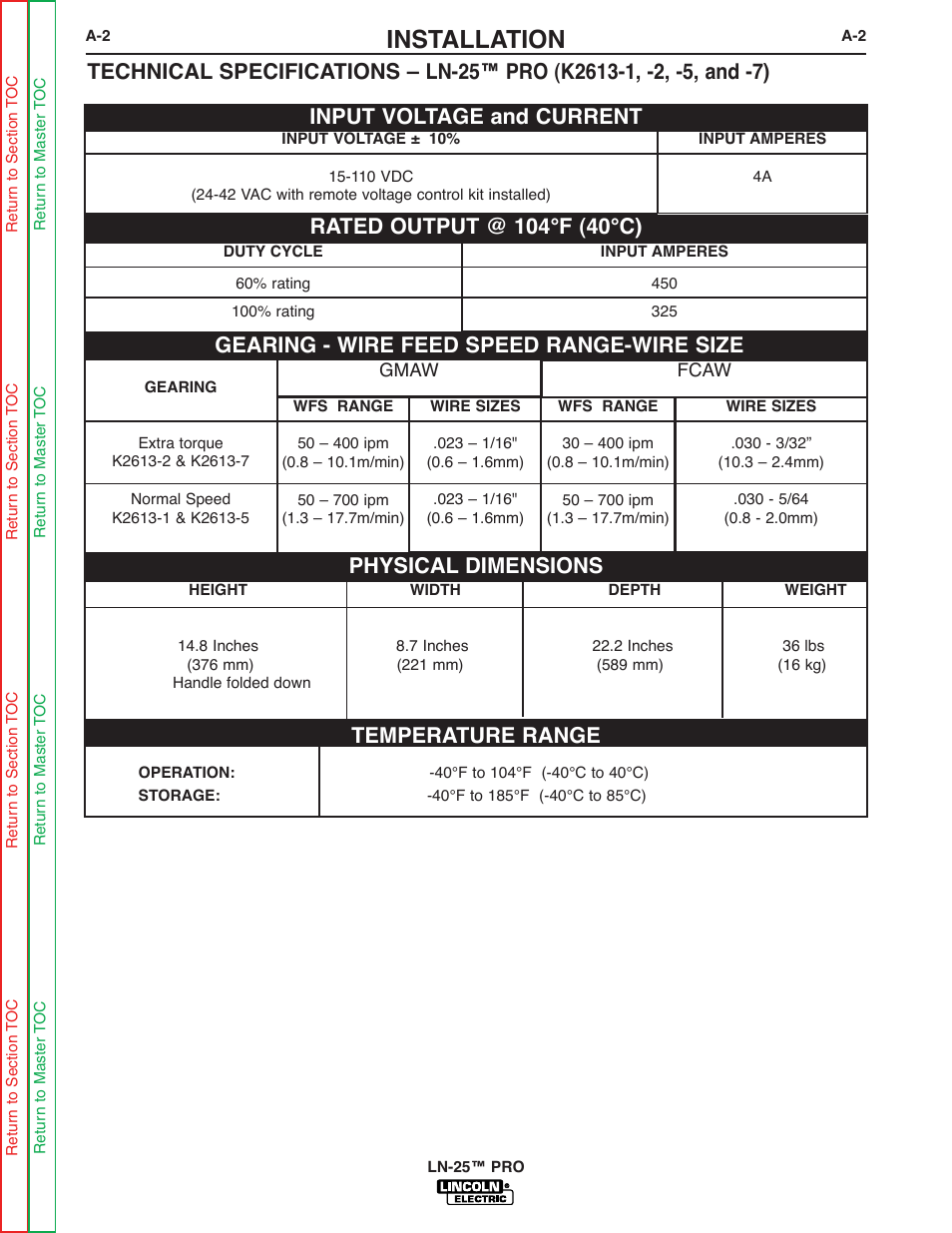 Installation, Temperature range, Physical dimensions | Gearing - wire feed speed range-wire size | Lincoln Electric LN-25 SVM179-B User Manual | Page 8 / 103