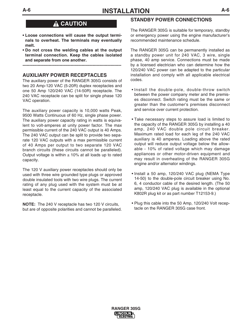 Installation, Caution | Lincoln Electric RANGER IM742-A User Manual | Page 14 / 52