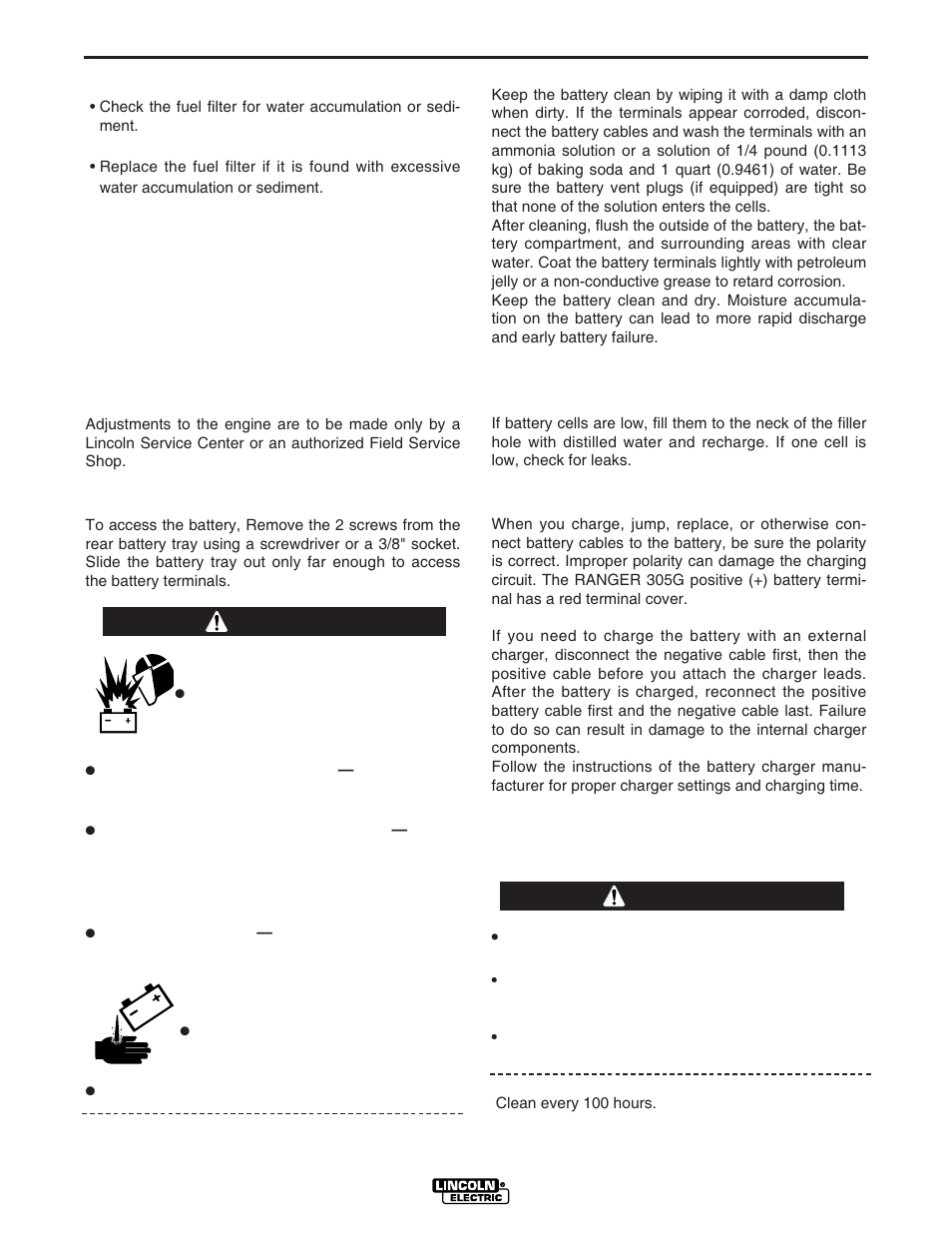 Maintenance, Fuel filter, Engine adjustment | Battery maintenance, Servicing optional spark arrestor, Warning | Lincoln Electric RANGER IM742-A User Manual | Page 27 / 52