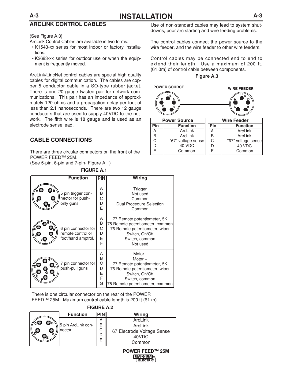Installation, Cable connections, Arclink control cables | Lincoln Electric POWER FEED IM892-C User Manual | Page 10 / 83