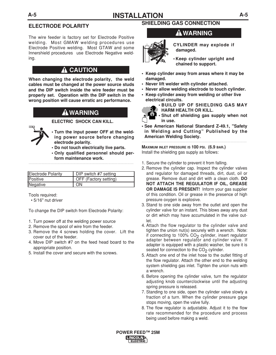 Installation, Warning, Caution warning | Lincoln Electric POWER FEED IM892-C User Manual | Page 12 / 83