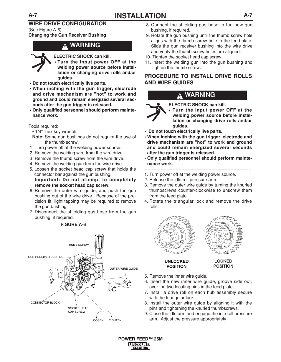 Installation, Warning | Lincoln Electric POWER FEED IM892-C User Manual | Page 14 / 83