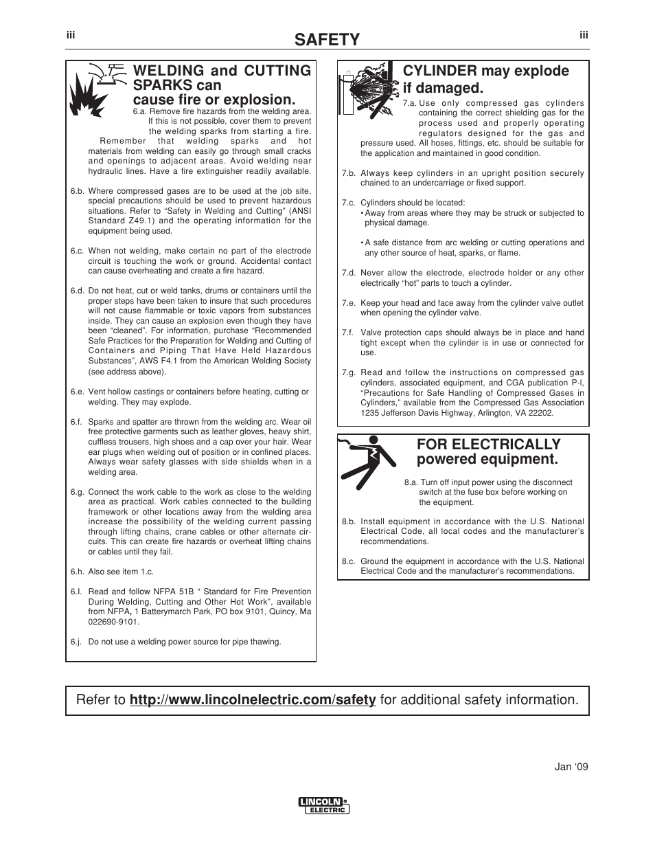 Safety, For electrically powered equipment, Cylinder may explode if damaged | Lincoln Electric POWER FEED IM892-C User Manual | Page 4 / 83