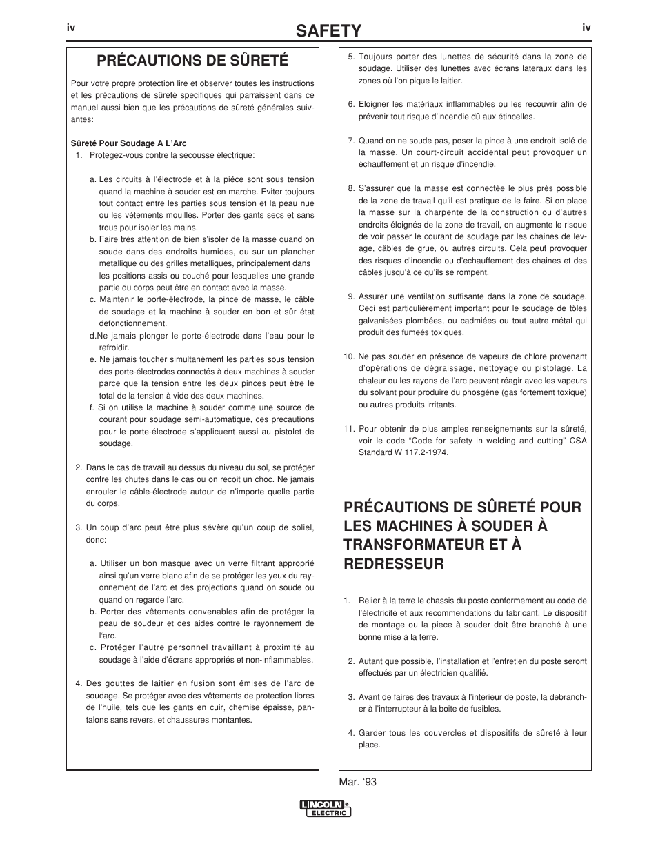 Safety, Précautions de sûreté | Lincoln Electric POWER FEED IM892-C User Manual | Page 5 / 83