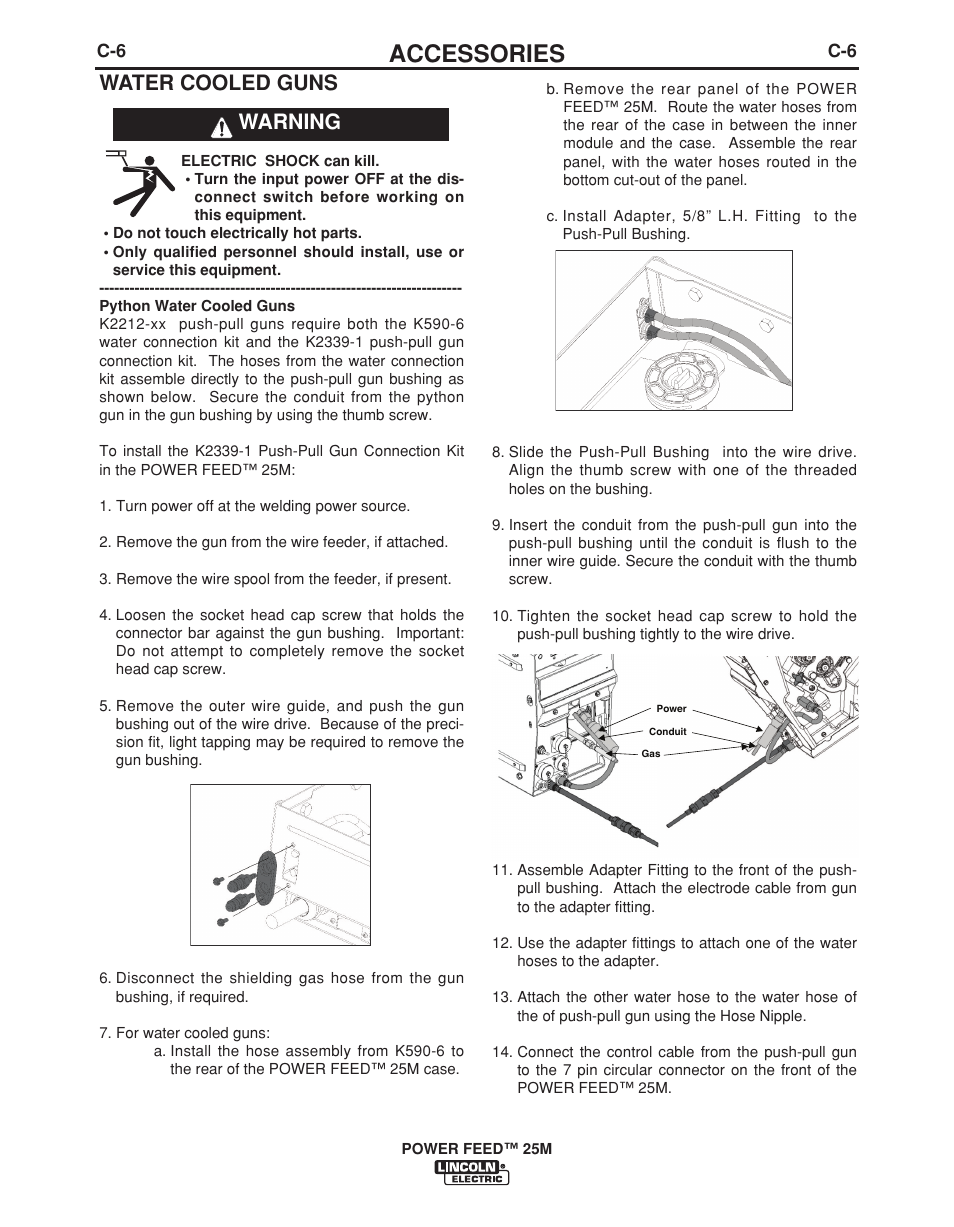 Accessories, Water cooled guns, Warning | Lincoln Electric POWER FEED IM892-C User Manual | Page 71 / 83