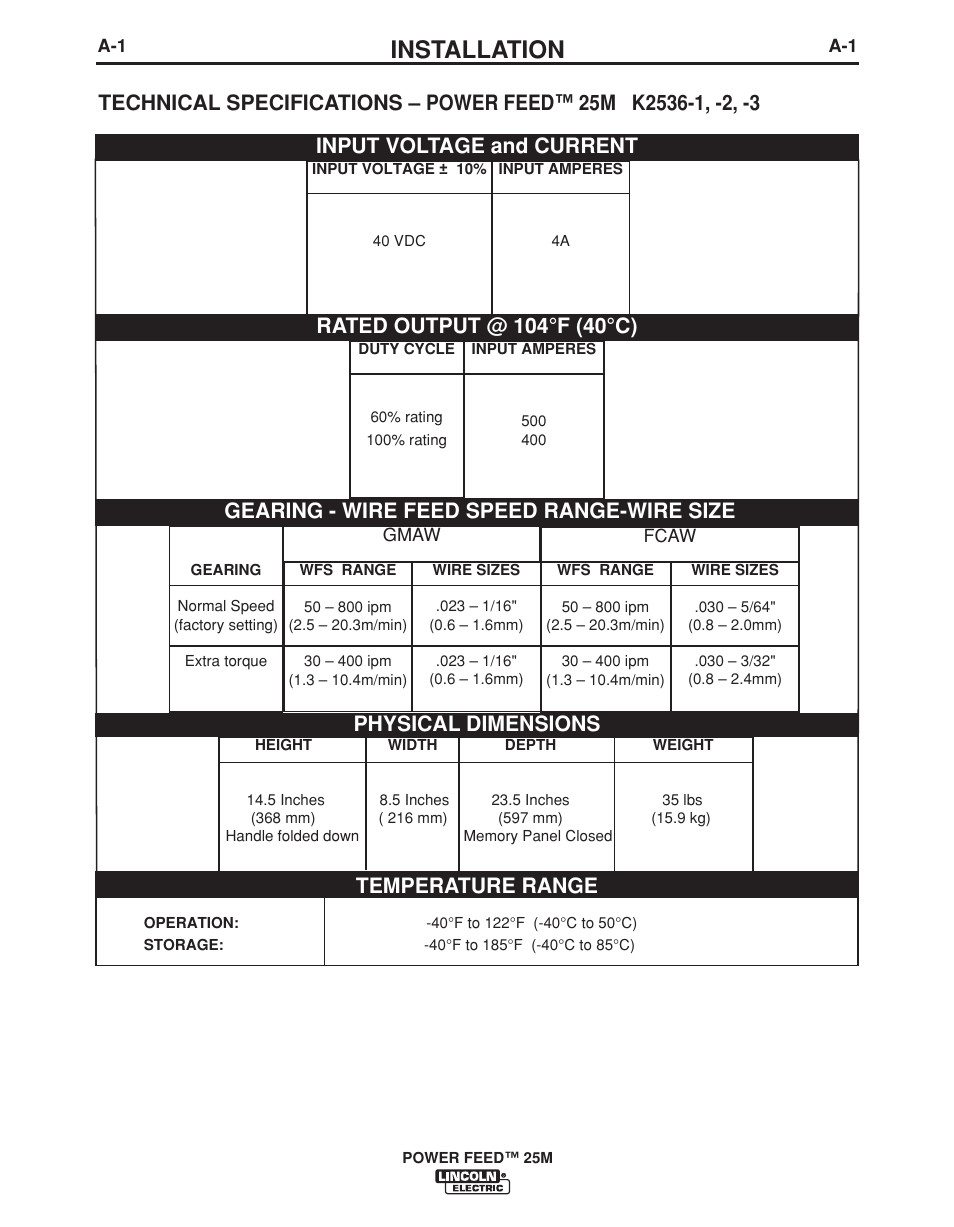 Installation, Temperature range | Lincoln Electric POWER FEED IM892-C User Manual | Page 8 / 83