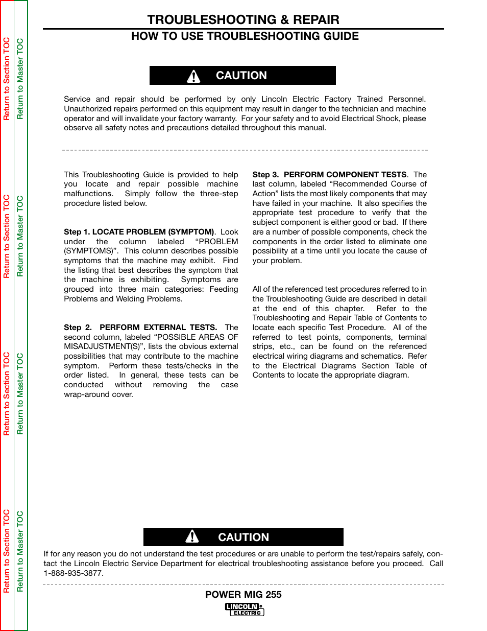 Troubleshooting & repair, How to use troubleshooting guide, Caution | Lincoln Electric POWER MIG 255 SVM144-B User Manual | Page 40 / 108