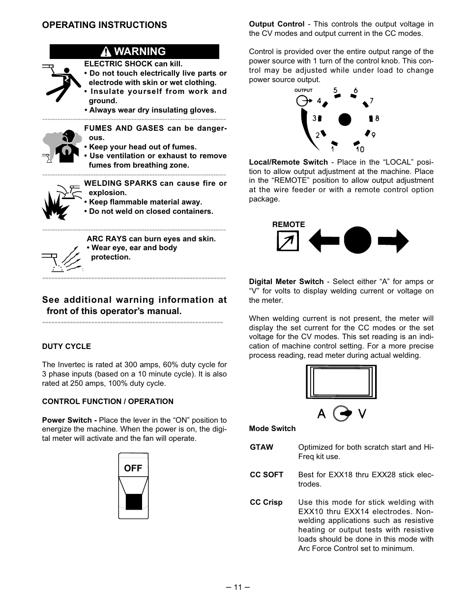 Warning | Lincoln Electric INVERTEC IM526-B User Manual | Page 11 / 40