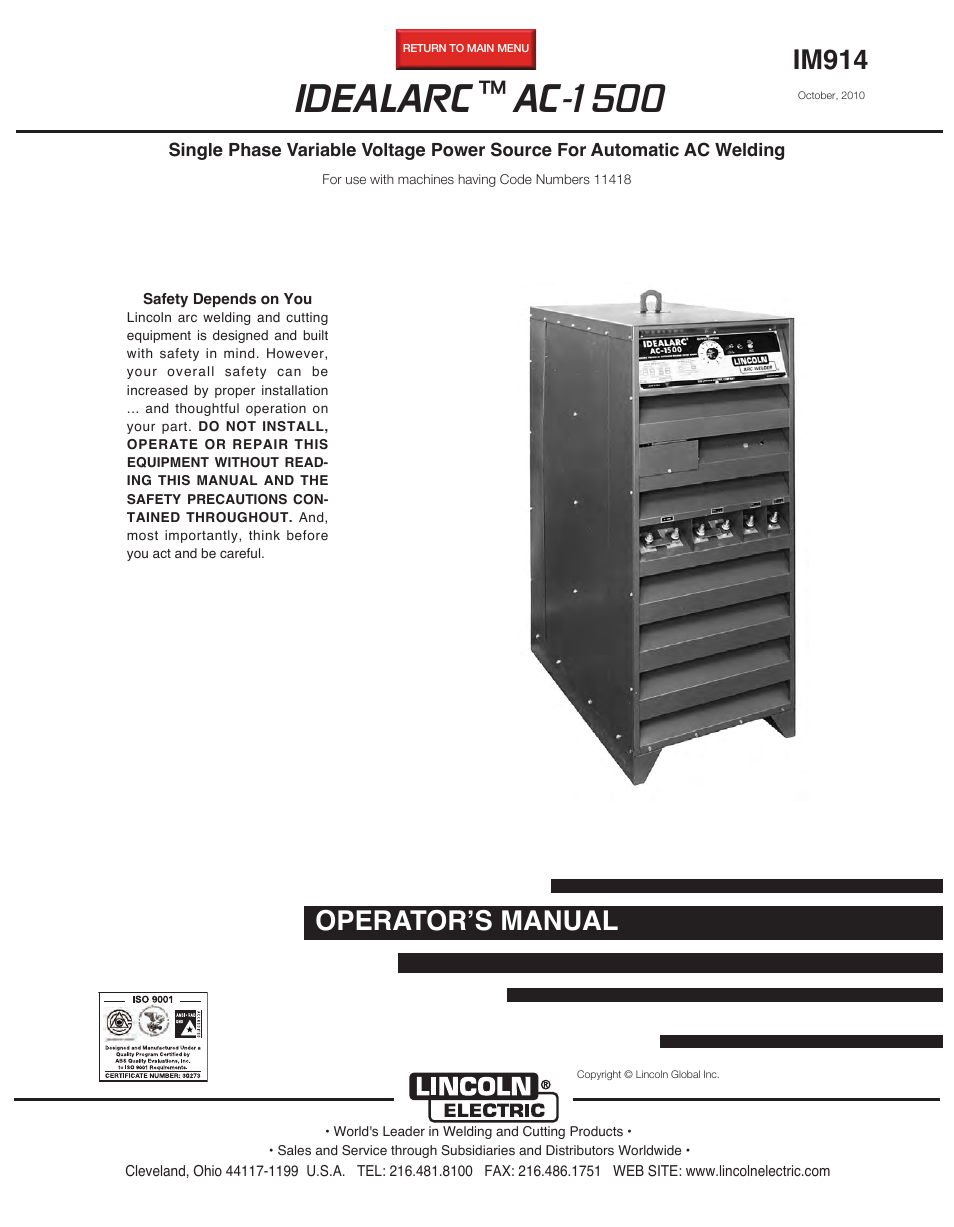 Lincoln Electric IDEALARC AC-1500 User Manual | 29 pages