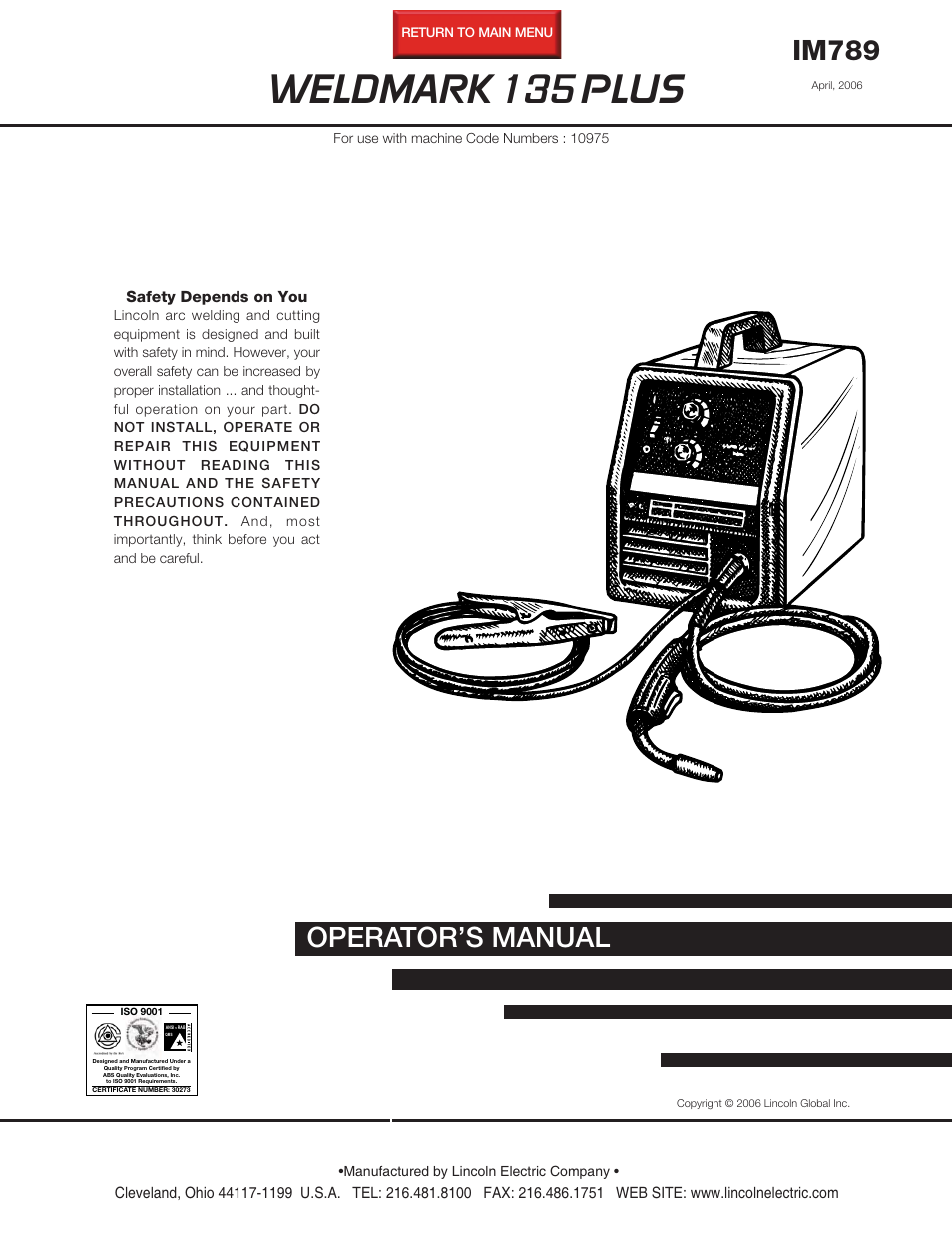Lincoln Electric WELDMARK 135 PLUS IM789 User Manual | 36 pages