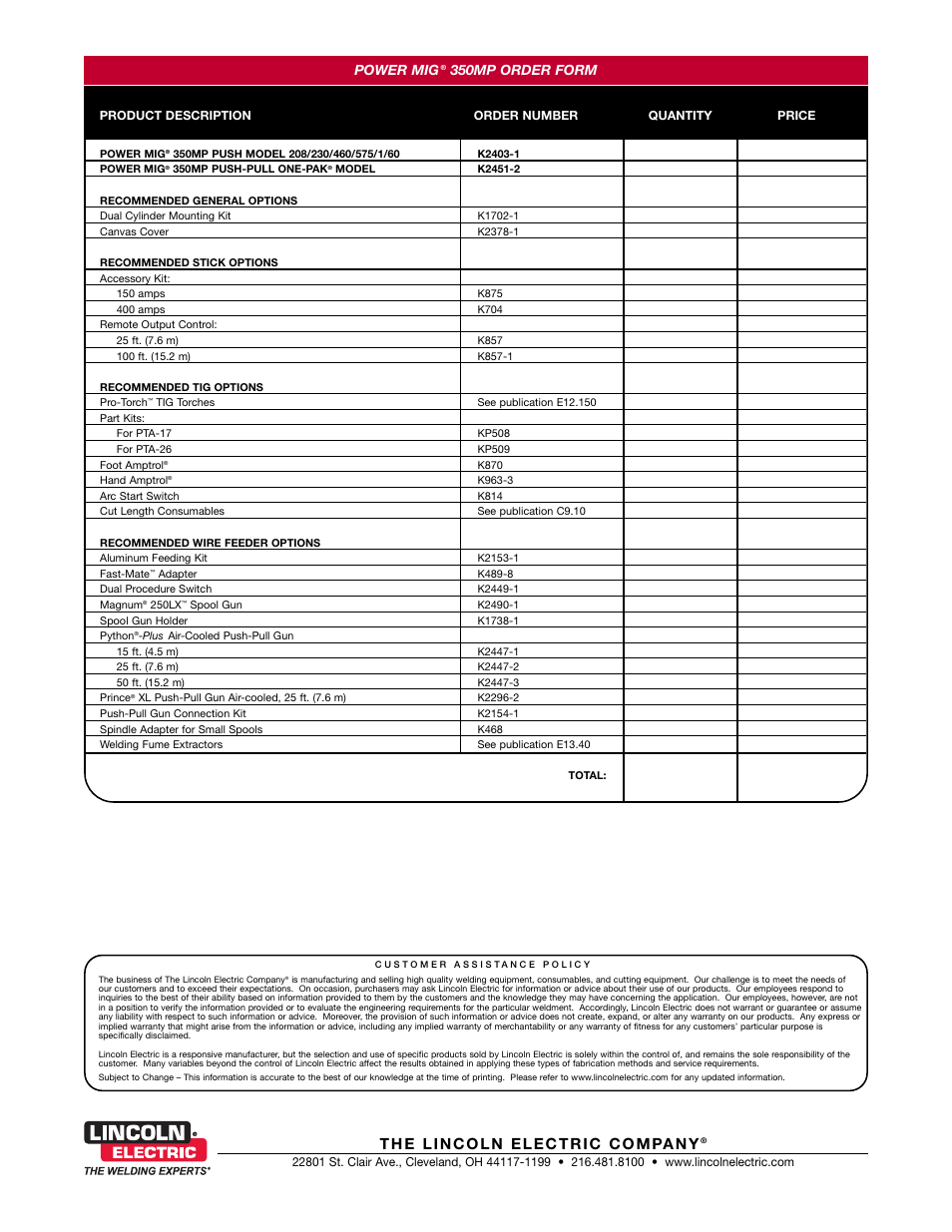 Power mig, 350mp order form | Lincoln Electric Power MIG 350MP User Manual | Page 8 / 8