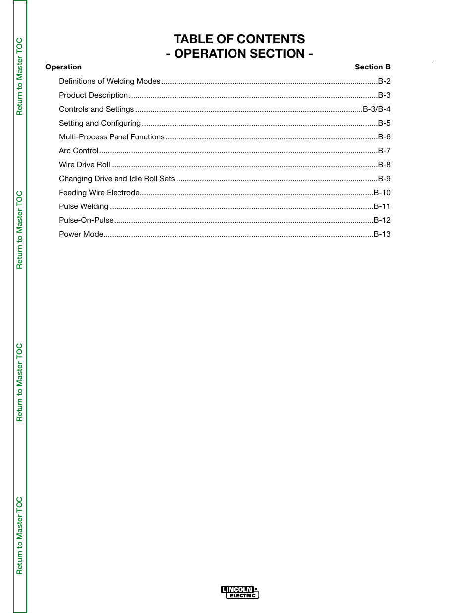 Section b – operation | Lincoln Electric POWER MIG SVM165-A User Manual | Page 13 / 128