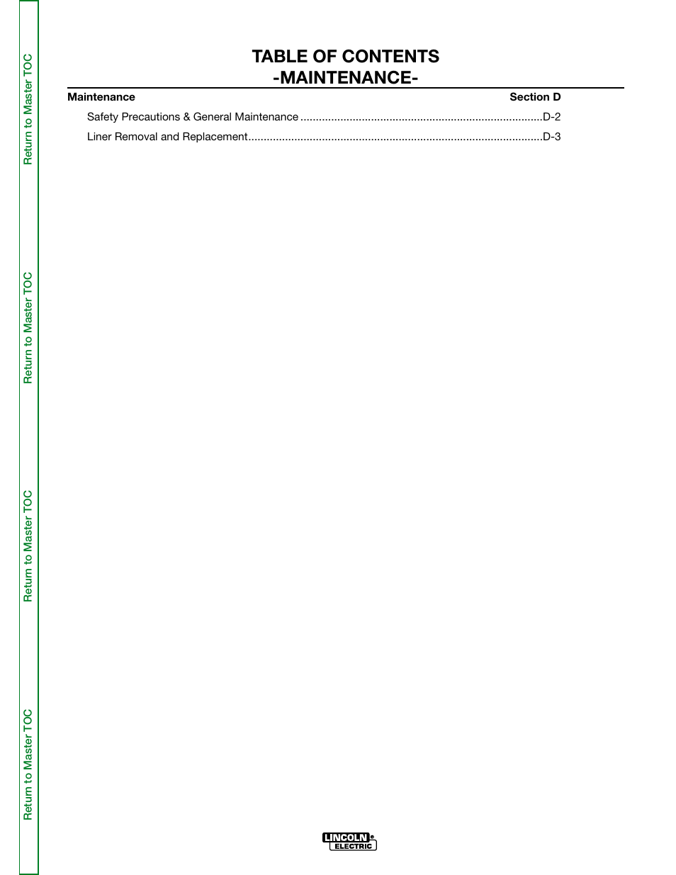 Section d – maintenance, Table of contents -maintenance | Lincoln Electric POWER MIG SVM165-A User Manual | Page 31 / 128