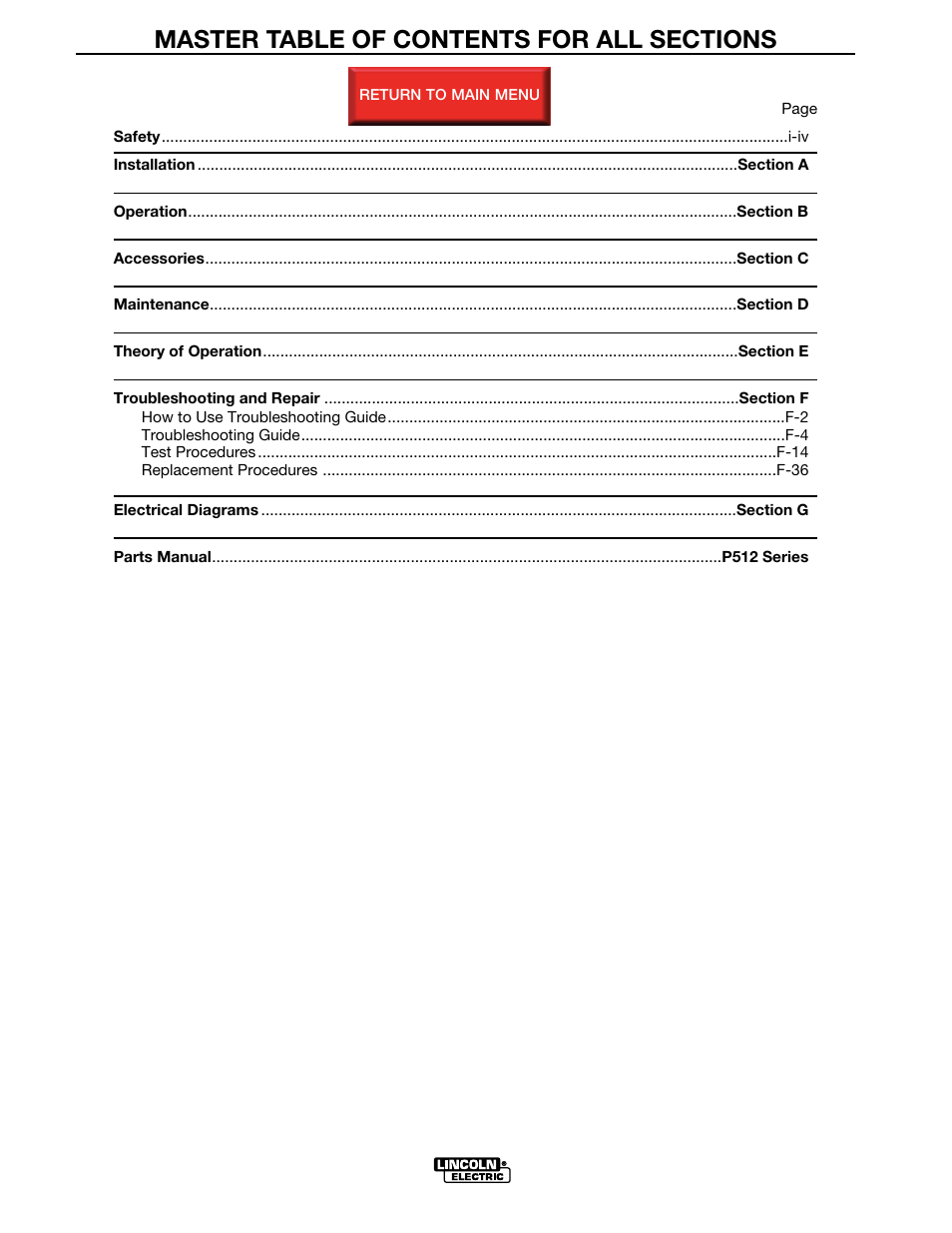 Master table of contents, Return to master toc | Lincoln Electric POWER MIG SVM165-A User Manual | Page 6 / 128