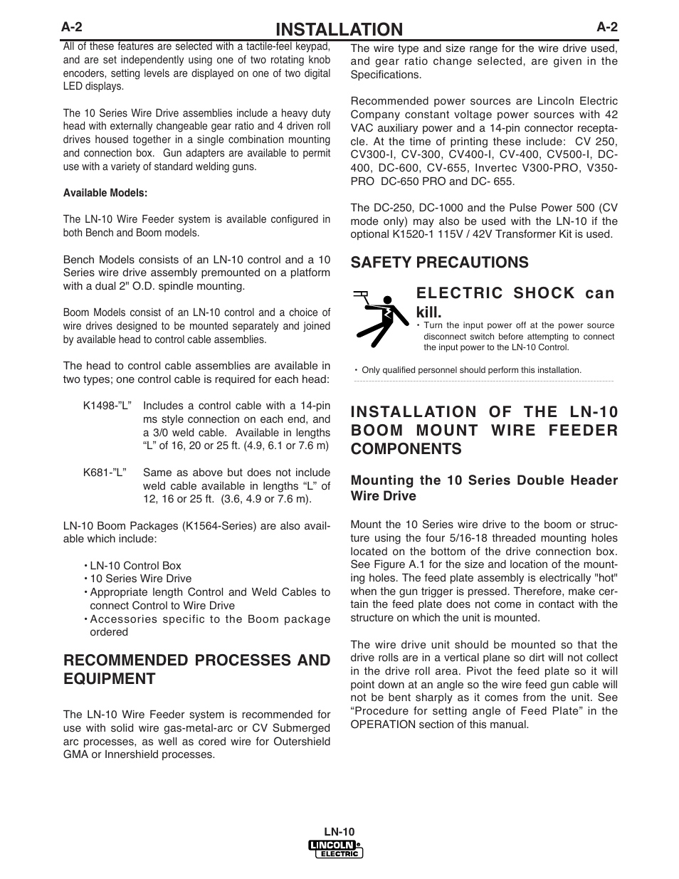 Installation, Recommended processes and equipment, Electric shock can kill | Lincoln Electric LN-10 HEADS & CONTROLS IM587-B User Manual | Page 10 / 54