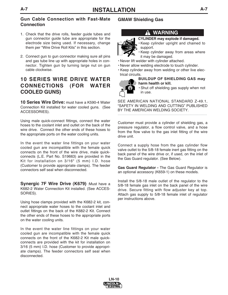 Installation, Warning | Lincoln Electric LN-10 HEADS & CONTROLS IM587-B User Manual | Page 15 / 54