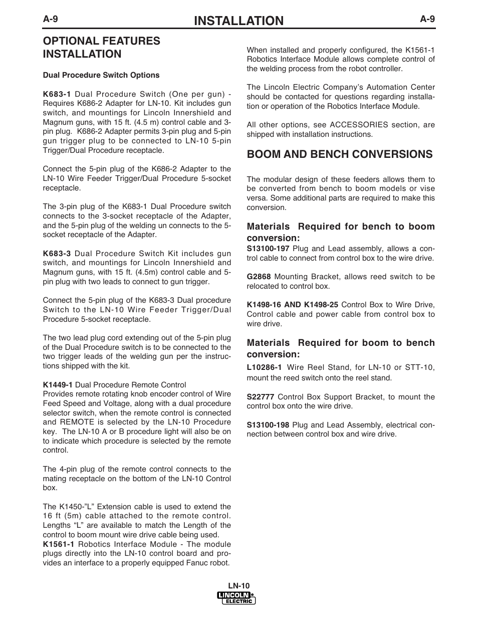 Installation, Optional features installation, Boom and bench conversions | Lincoln Electric LN-10 HEADS & CONTROLS IM587-B User Manual | Page 17 / 54