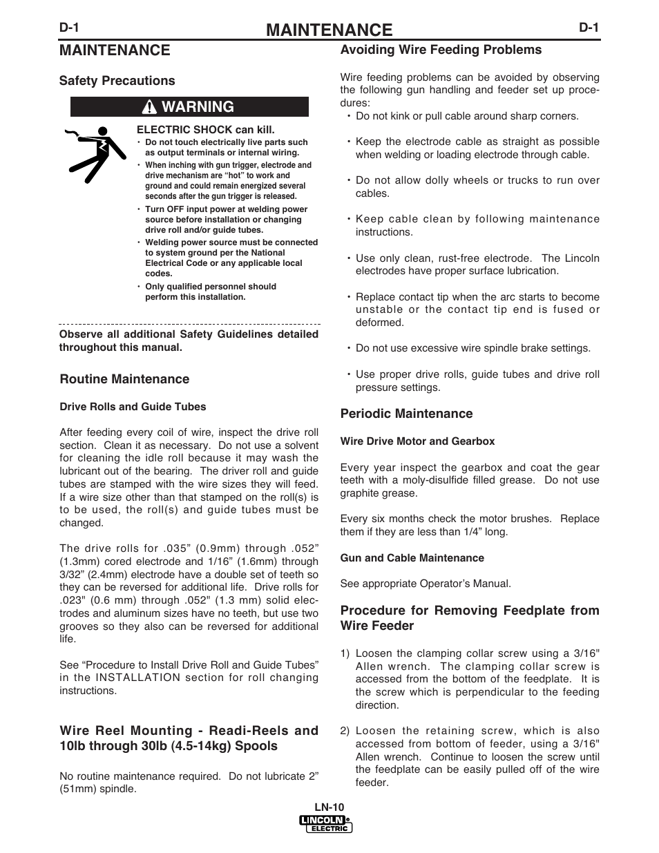 Maintenance, Warning | Lincoln Electric LN-10 HEADS & CONTROLS IM587-B User Manual | Page 36 / 54