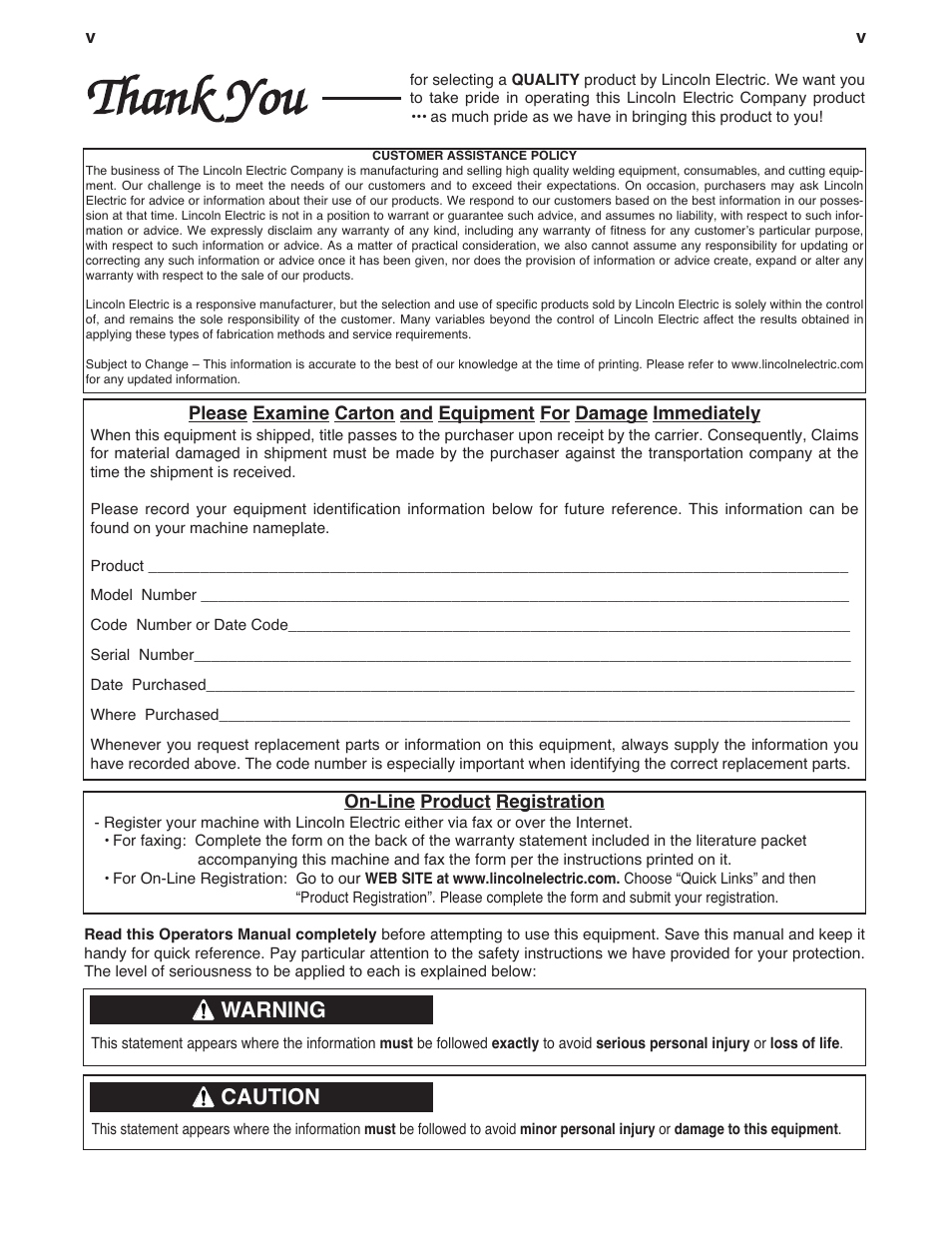 Warning, Caution | Lincoln Electric LN-10 HEADS & CONTROLS IM587-B User Manual | Page 6 / 54