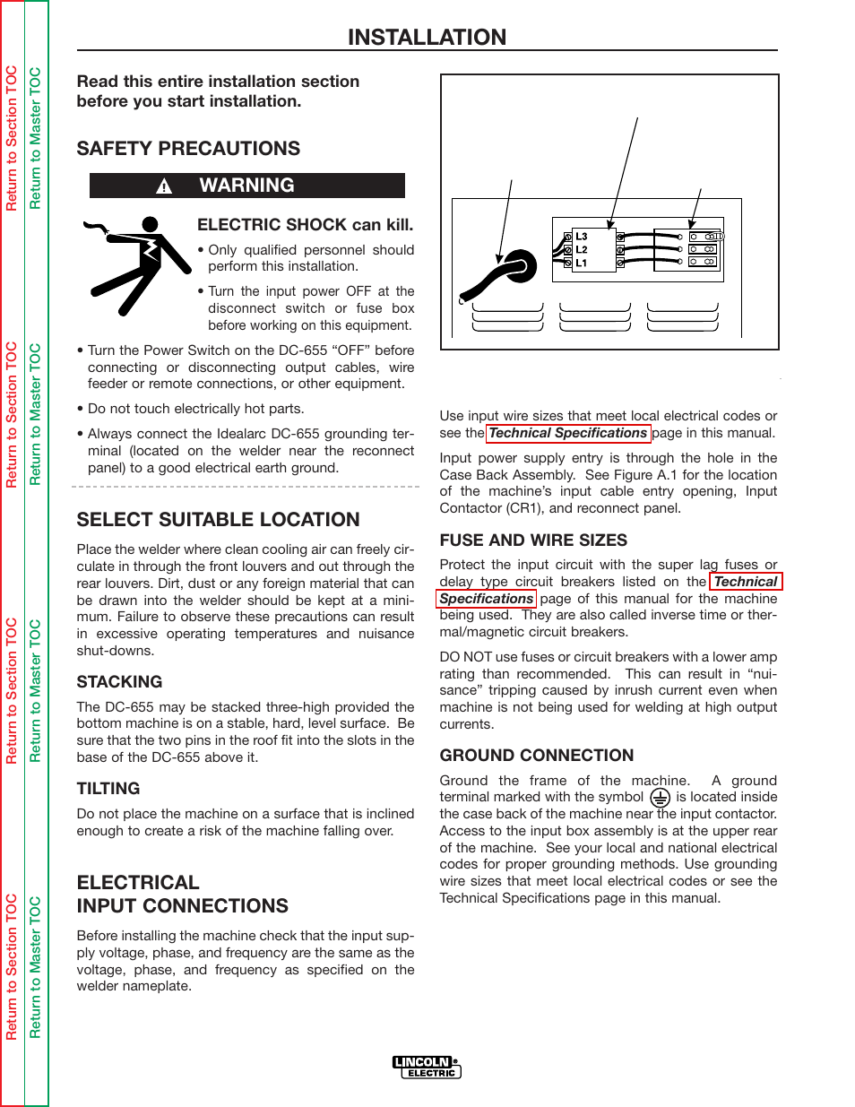 Installation, Safety precautions, Select suitable location | Electrical input connections, Warning | Lincoln Electric IDEALARC DC-655 User Manual | Page 10 / 109