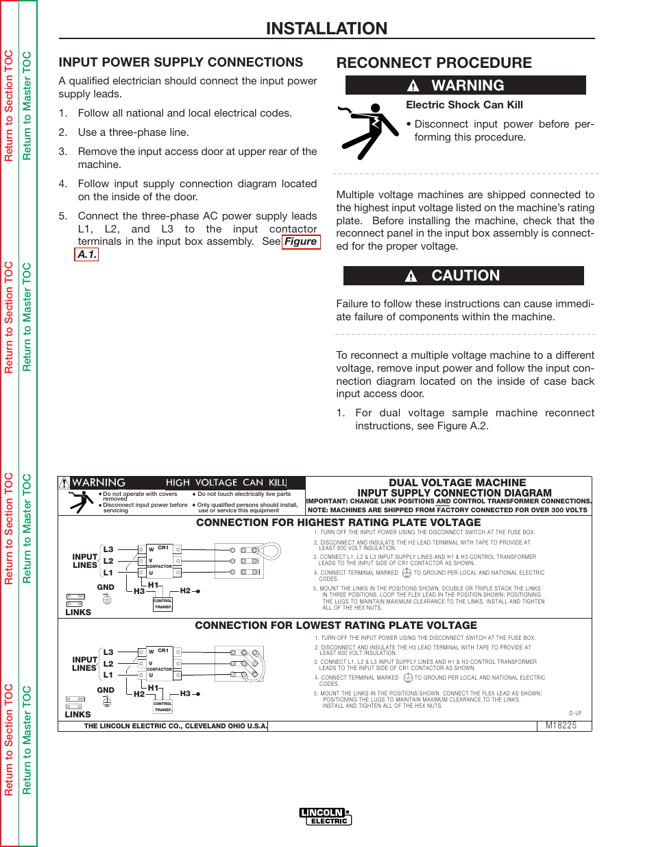 Installation, Reconnect procedure, Warning | Caution, Input power supply connections | Lincoln Electric IDEALARC DC-655 User Manual | Page 11 / 109