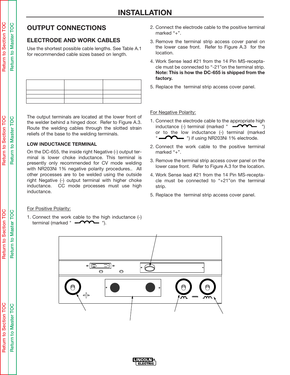 Installation, Output connections, Electrode and work cables | Lincoln Electric IDEALARC DC-655 User Manual | Page 12 / 109