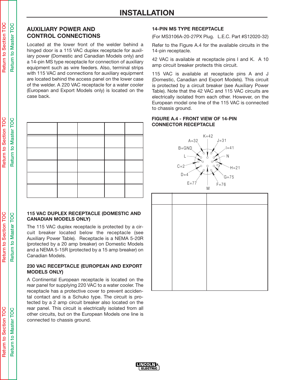 Installation, Auxiliary power and control connections | Lincoln Electric IDEALARC DC-655 User Manual | Page 13 / 109