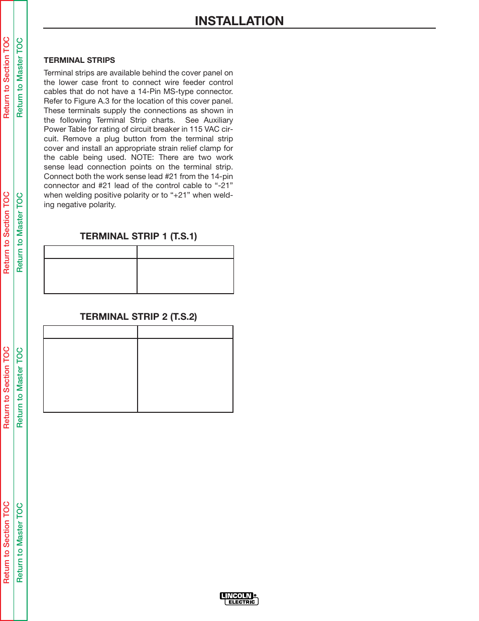 Installation, Terminal strip 1 (t.s.1) terminal strip 2 (t.s.2) | Lincoln Electric IDEALARC DC-655 User Manual | Page 14 / 109