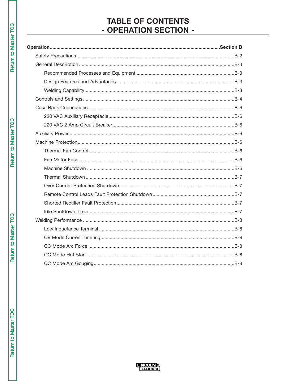 Section b operation | Lincoln Electric IDEALARC DC-655 User Manual | Page 15 / 109