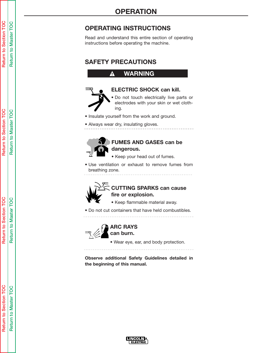 Operation, Operating instructions, Safety precautions | Warning | Lincoln Electric IDEALARC DC-655 User Manual | Page 16 / 109