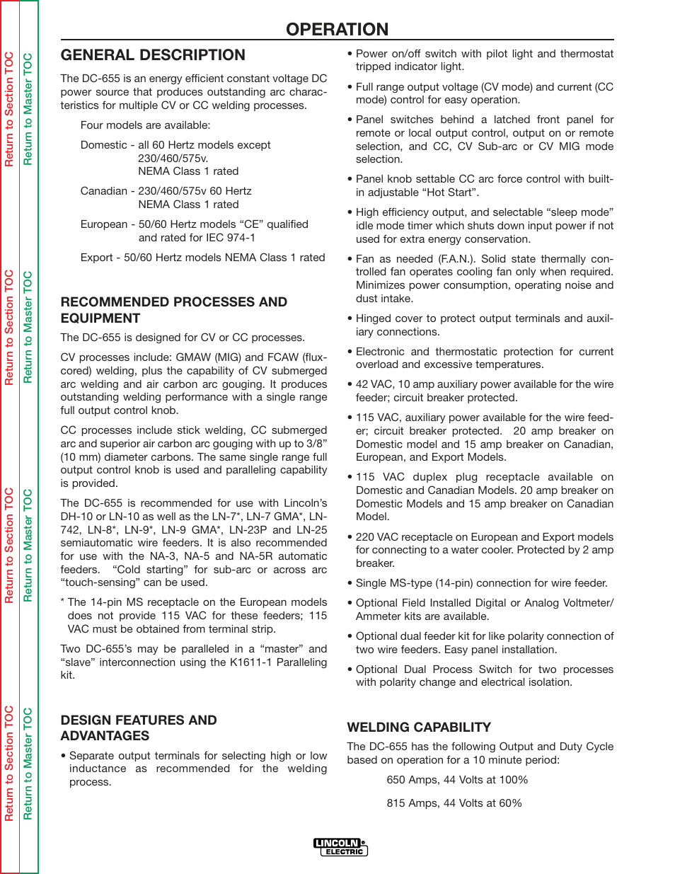 Operation, General description | Lincoln Electric IDEALARC DC-655 User Manual | Page 17 / 109
