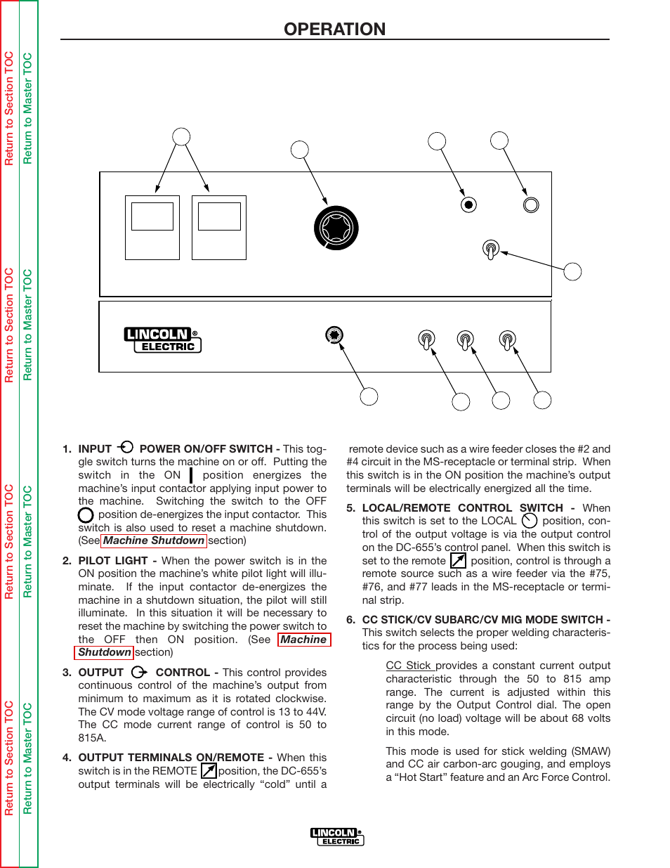 Dc-655, Operation, Controls and settings | Lincoln Electric IDEALARC DC-655 User Manual | Page 18 / 109