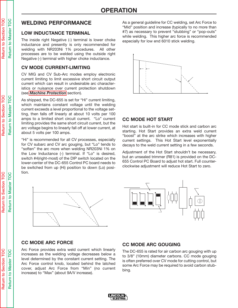 Cc welding. refer to the welding performance, Operation, Welding performance | Low inductance terminal, Cv mode current-limiting, Cc mode arc force, Cc mode hot start, Cc mode arc gouging | Lincoln Electric IDEALARC DC-655 User Manual | Page 22 / 109