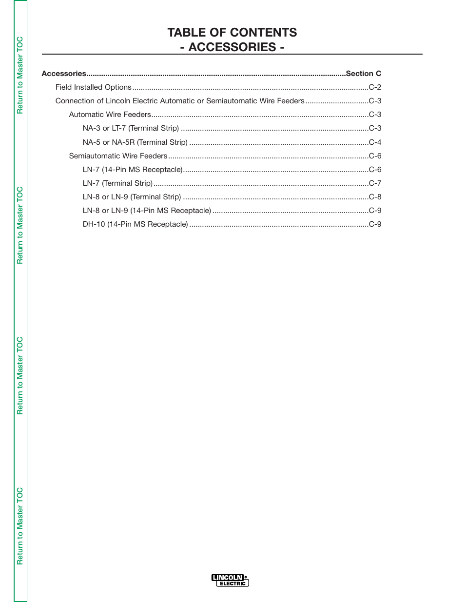 Section c accessories, Table of contents - accessories | Lincoln Electric IDEALARC DC-655 User Manual | Page 23 / 109
