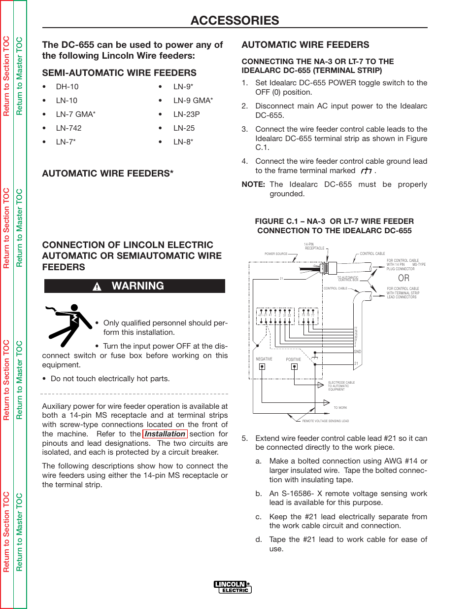 Accessories, Warning, Automatic wire feeders | Lincoln Electric IDEALARC DC-655 User Manual | Page 25 / 109