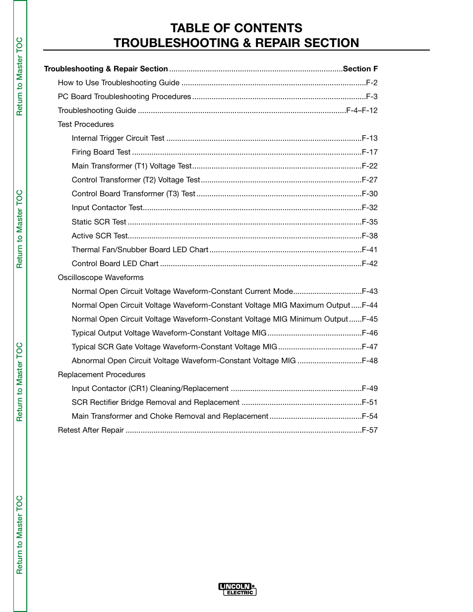 Section f troubleshooting and repair | Lincoln Electric IDEALARC DC-655 User Manual | Page 43 / 109