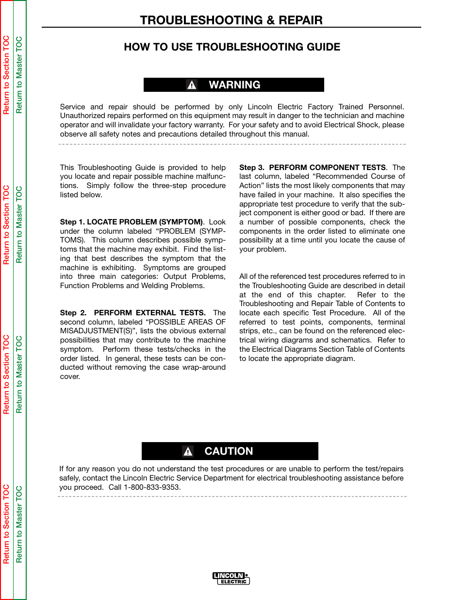 Troubleshooting & repair, How to use troubleshooting guide, Caution | Warning | Lincoln Electric IDEALARC DC-655 User Manual | Page 44 / 109