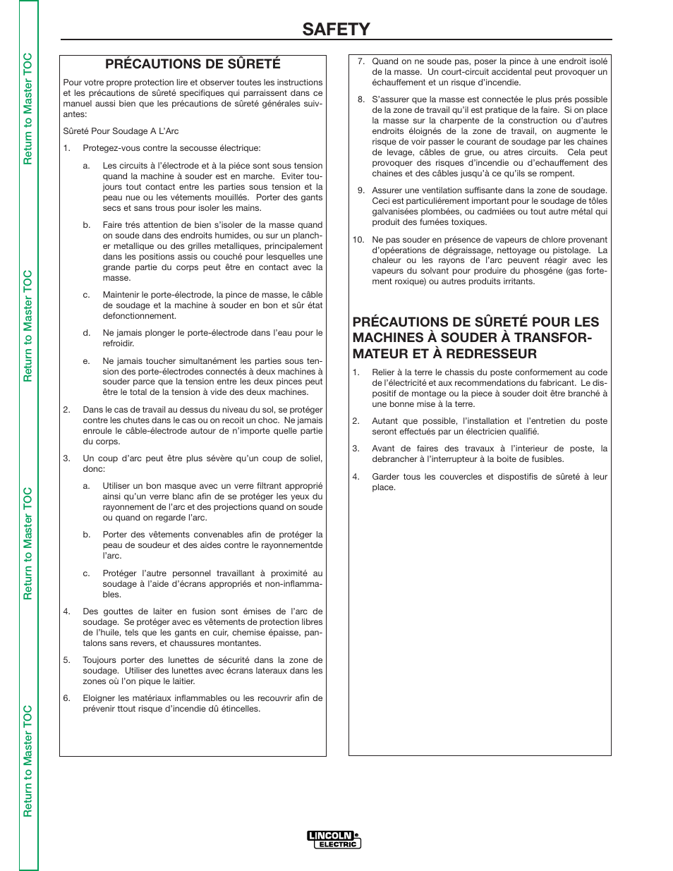 Safety, Précautions de sûreté | Lincoln Electric IDEALARC DC-655 User Manual | Page 5 / 109