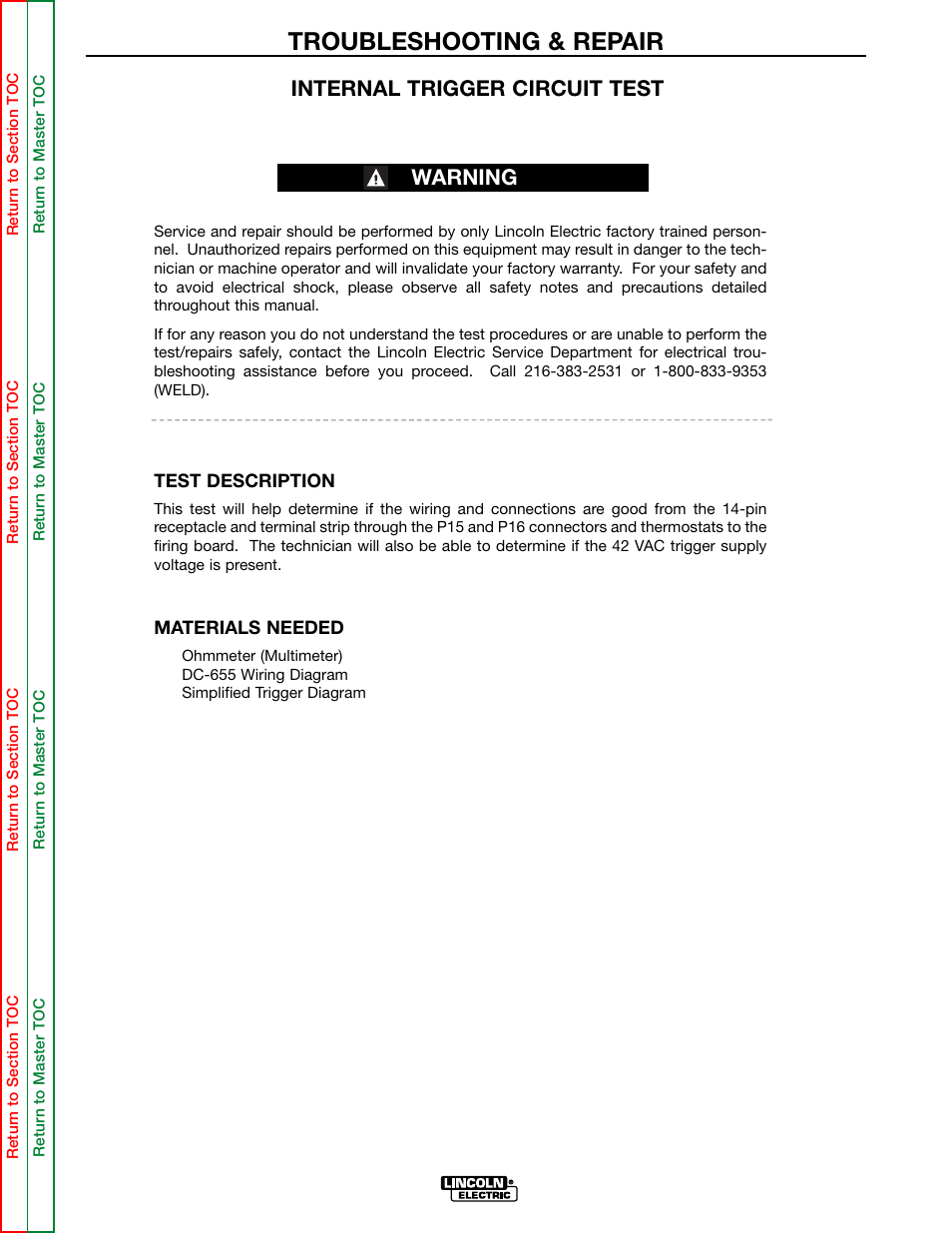 Internal trigger, Circuit test, Troubleshooting & repair | Internal trigger circuit test warning | Lincoln Electric IDEALARC DC-655 User Manual | Page 55 / 109