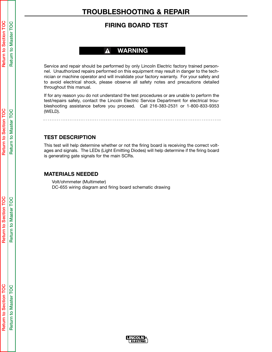 Perform the firing board test, Firing board test, Troubleshooting & repair | Firing board test warning | Lincoln Electric IDEALARC DC-655 User Manual | Page 59 / 109